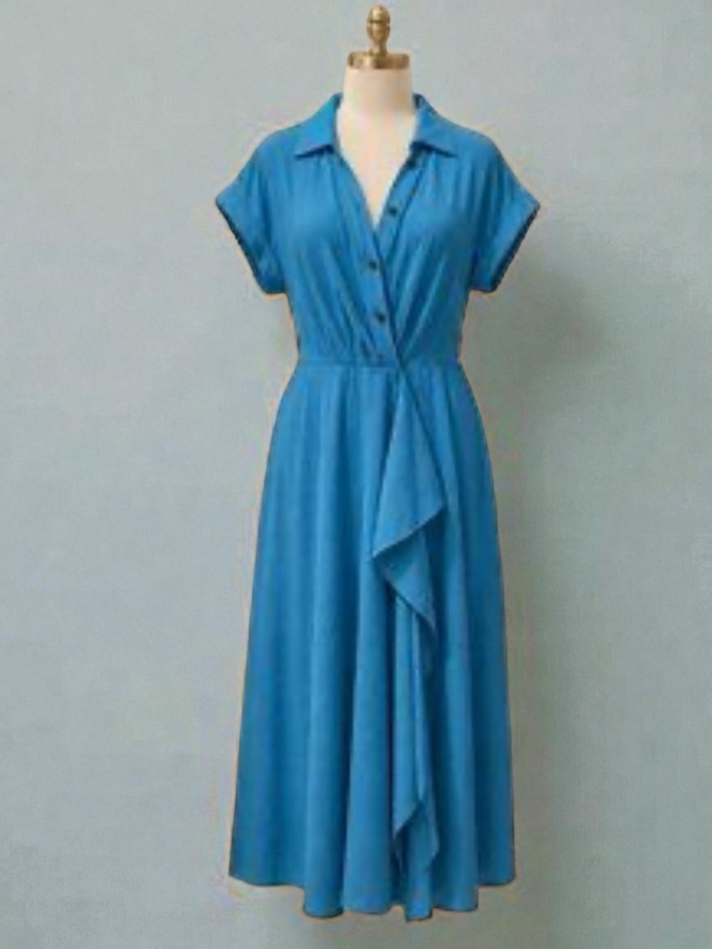 Calvin Klein Turquoise Blue Gauze Ruffle Accent Midi Dress Size 8